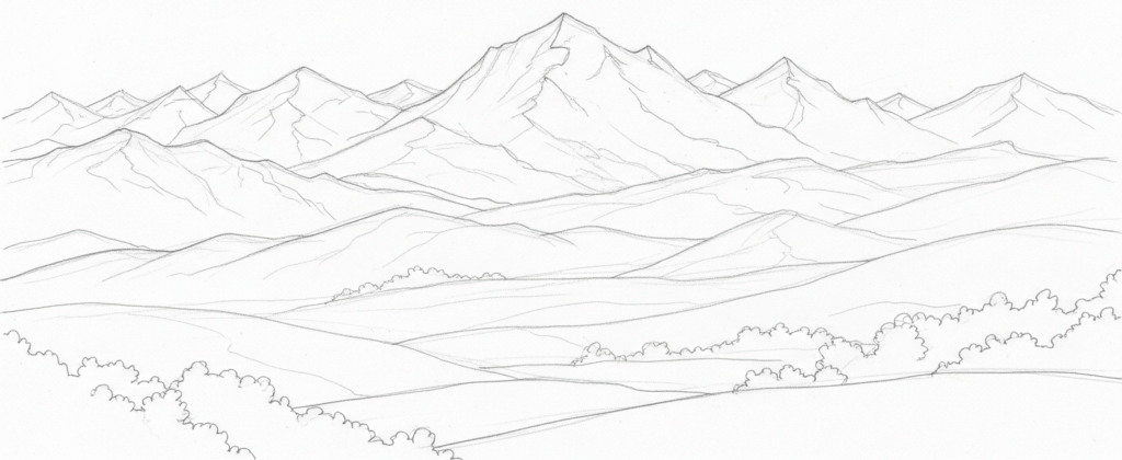 Mastering Landscape Drawing: A Comprehensive Guide for Beginners 3 Beginner landscape drawing showing mountain range with foreground trees and atmospheric perspective techniques