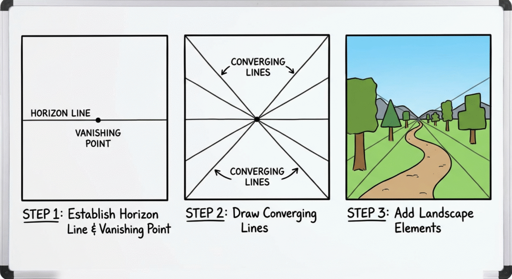 Mastering Landscape Drawing: A Comprehensive Guide for Beginners 6 One-point perspective demonstration for landscape drawing showing horizon line and vanishing point