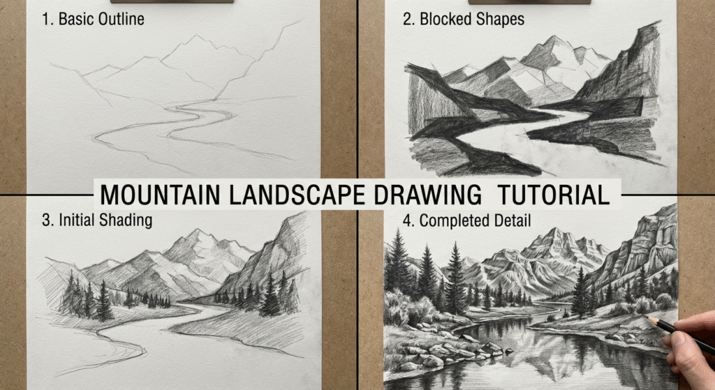 Mastering Landscape Drawing: A Comprehensive Guide for Beginners 8 Step-by-step landscape drawing tutorial showing progression from sketch to completed artwork