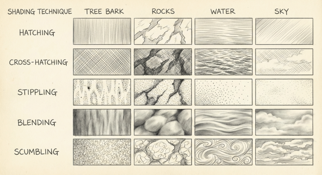 Mastering Landscape Drawing: A Comprehensive Guide for Beginners 7 Pencil shading techniques for landscape drawing including hatching, cross-hatching, and blending examplesDifferent shading techniques create varied textures—experiment to find what works for your artistic style