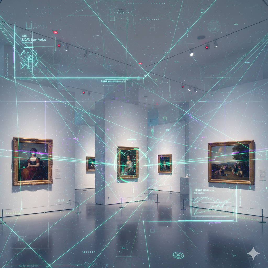 Protecting Valuable Paintings: Your Complete Security and Safety Guide 5 LiDAR security technology creating 3D detection zones around valuable paintings in gallery