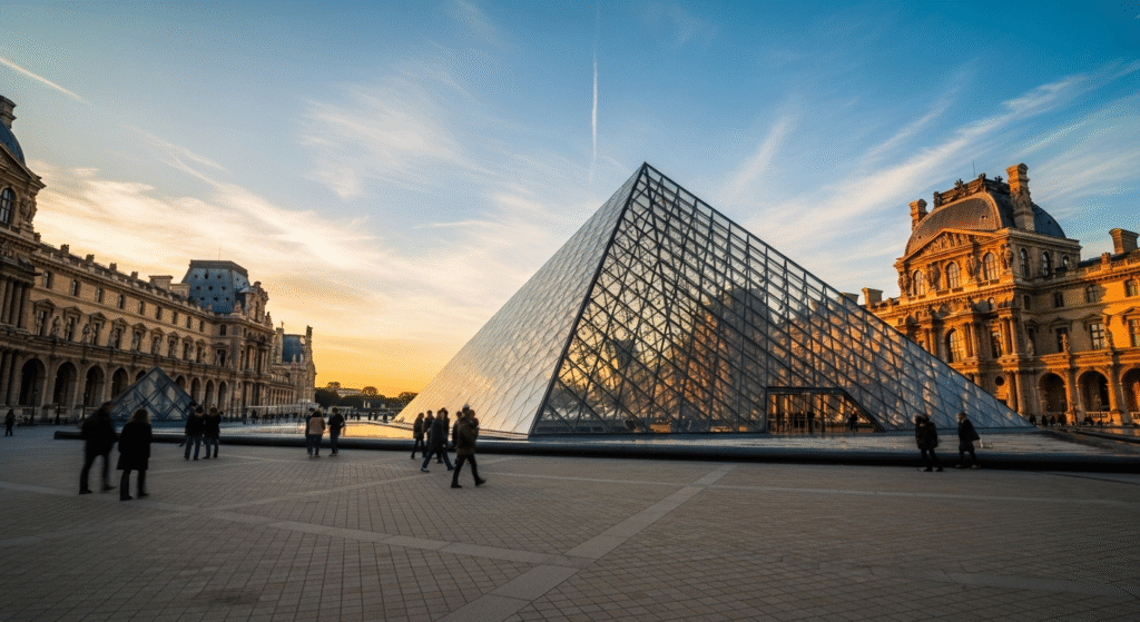 The Louvre's modern pyramid entrance welcomes millions of art lovers annually