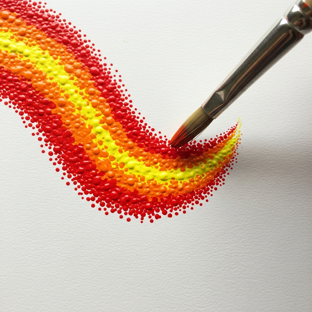 macro shot of a paintbrush applying tiny dots of red and yellow paint onto a canvas