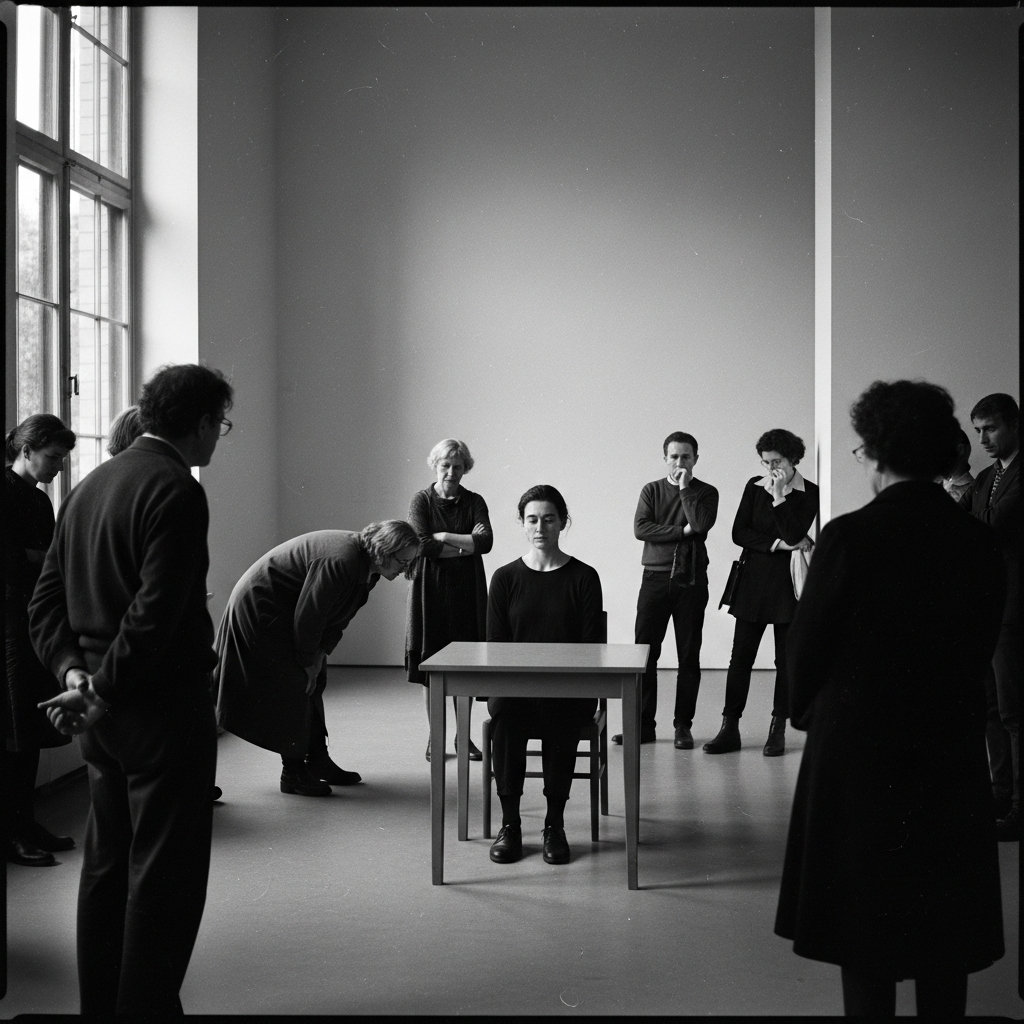Marina Abramović performing endurance-based conceptual performance art, sitting motionless while engaging with audience members