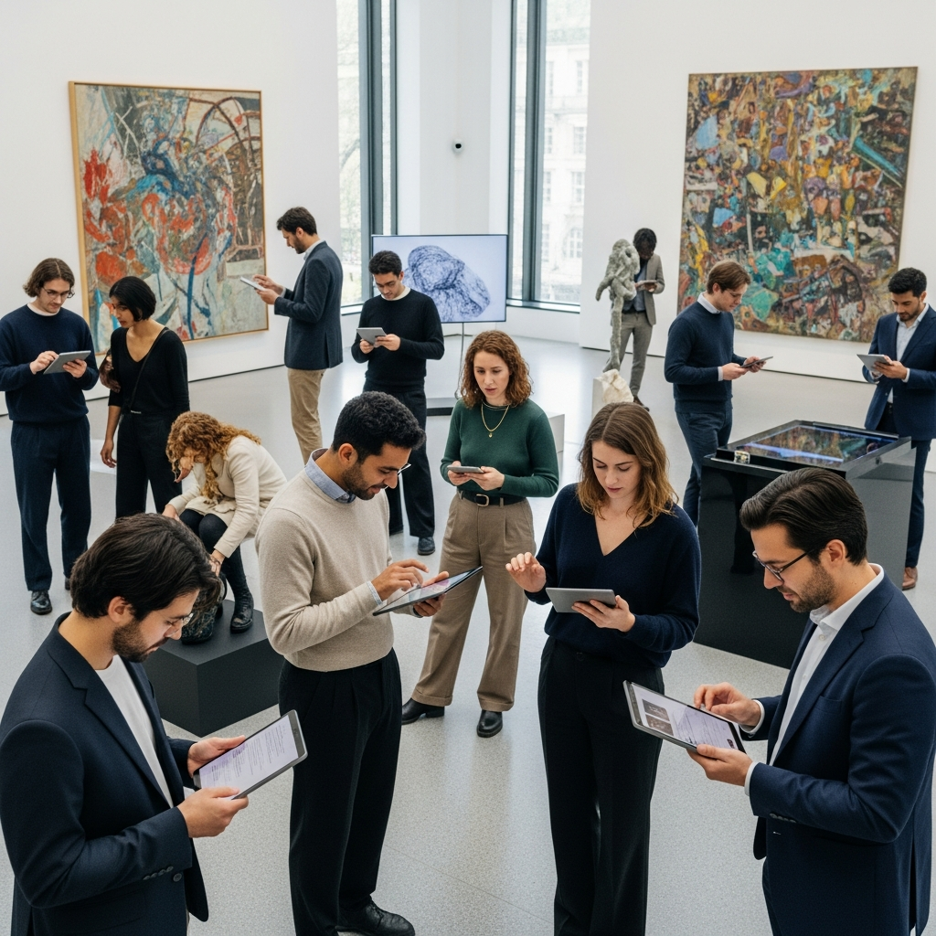 Who Really Controls the Art World? The Art Power Index Explained 6 Group of diverse young collectors examining contemporary art on tablets and smartphones in a modern gallery space