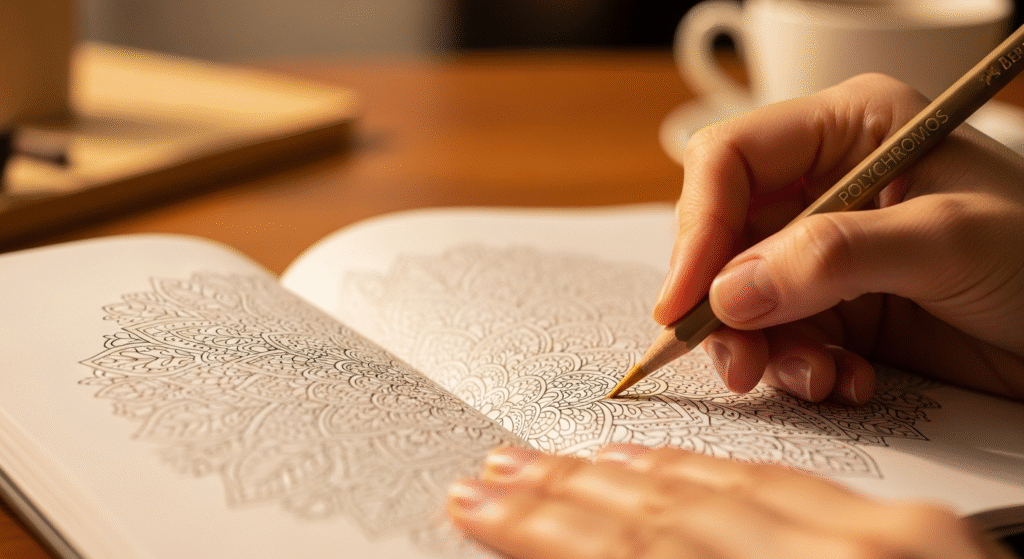 Guide to Colouring Books: Tips, Techniques & Creative Uses 3 Close-up of hands colouring an intricate mandala pattern in an adult book using a coloured pencil for stress relief.