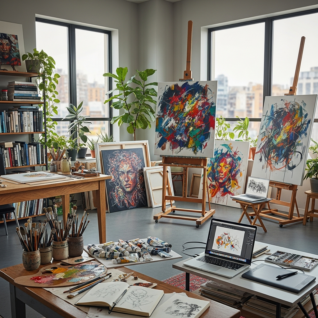 Modern artist studio showing diverse materials and contemporary artwork