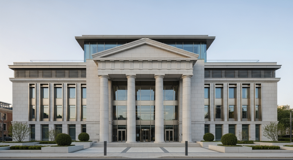 Contemporary building showing Neoclassical architectural influence with columns and symmetry 