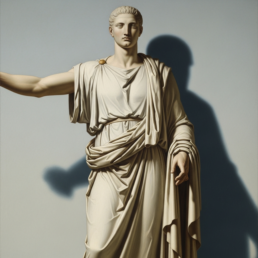 Neoclassical painting detail showing idealized male figure with perfect proportions and stoic expression 