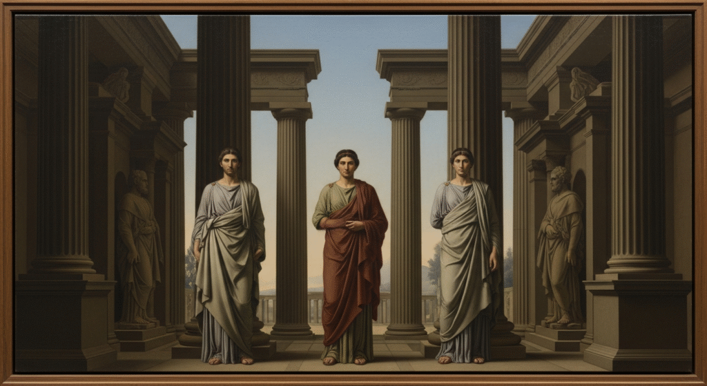 Neoclassical painting featuring idealized figures in classical setting with columns and balanced composition 