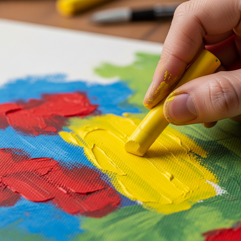 Hand applying oil pastel to canvas, showing creamy texture
