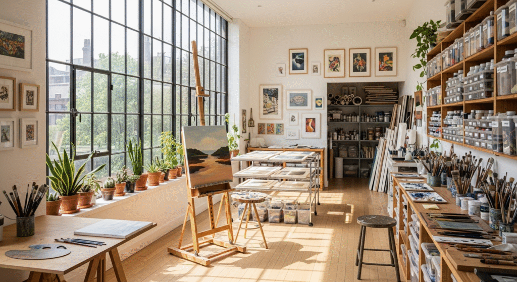 The Ultimate Guide to Productivity for Artists: How to Master Your Workflow and Beat Burnout 3 Productivity for Artists: Organized artist studio with natural light, neat workspace, and painting supplies arranged systematically