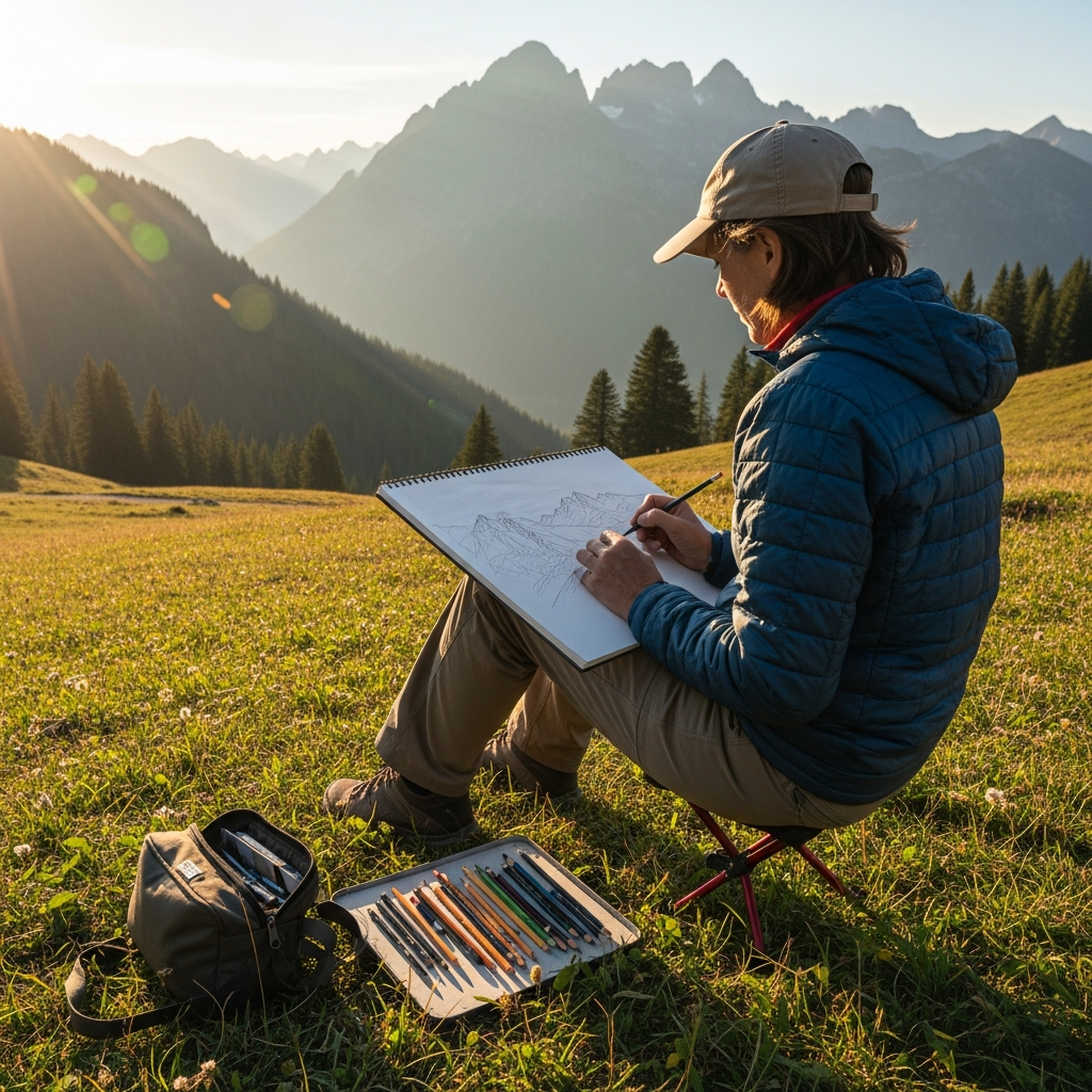 Mastering Landscape Drawing: A Comprehensive Guide for Beginners 9 Outdoor landscape sketching setup showing artist drawing nature scene with portable supplies