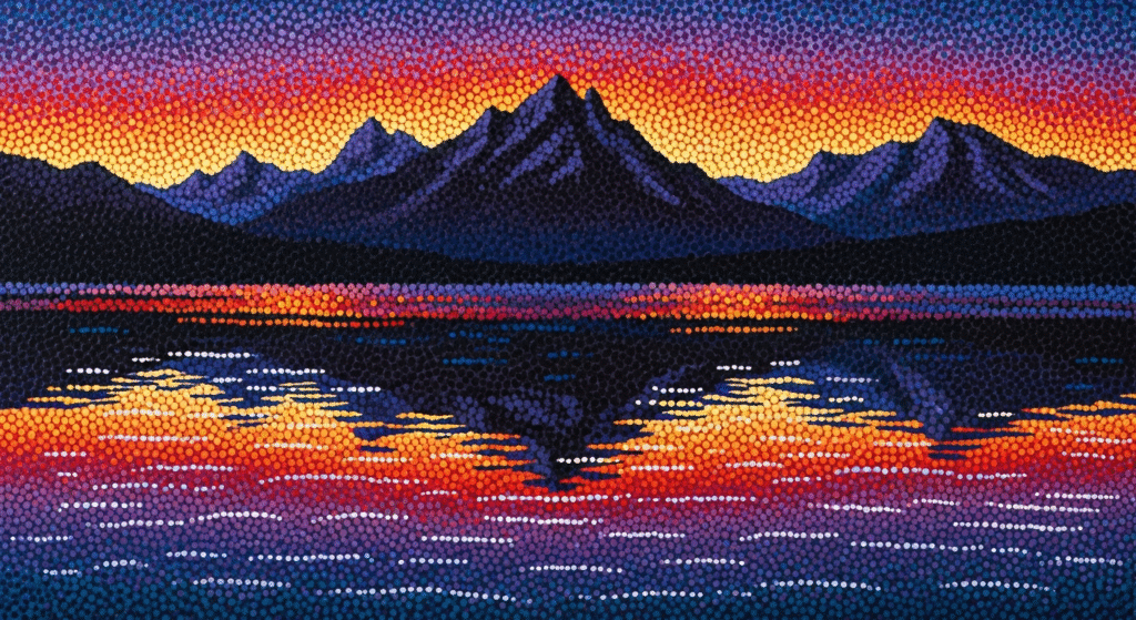 painting of a mountain range reflected in a lake at twilight