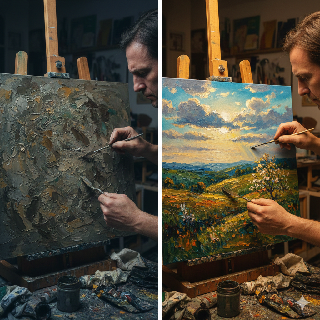 From Disaster to Masterpiece: How to Rescue a Painting You Think You've Ruined 3 Learn How to Rescue a Painting: Split-screen showing an oil painting's transformation from a muddy, overworked mess on the left to a vibrant, confident masterpiece on the right, held by the artist's hands.