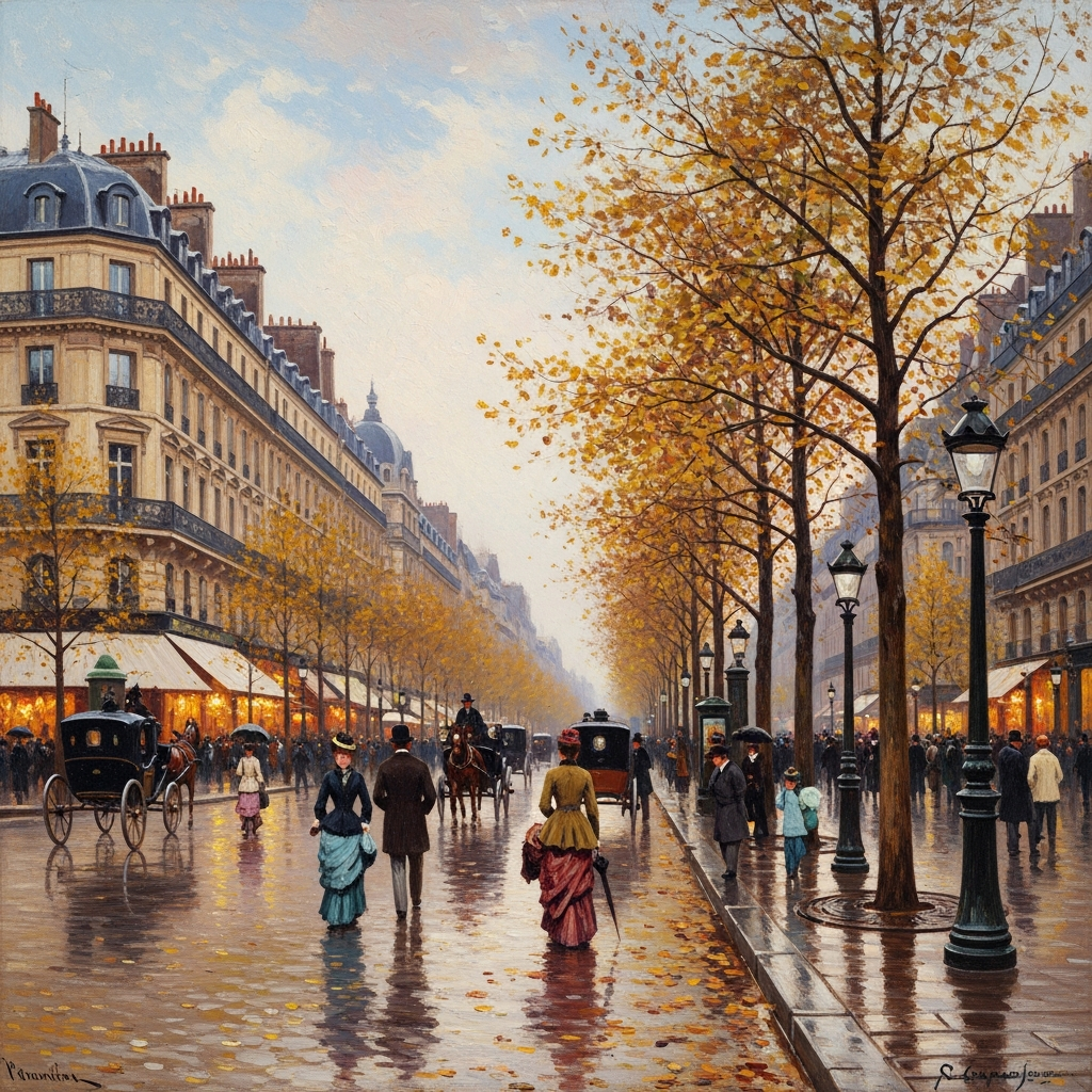 Impressionist painting of wide Parisian boulevard with pedestrians and modern architecture in soft natural light