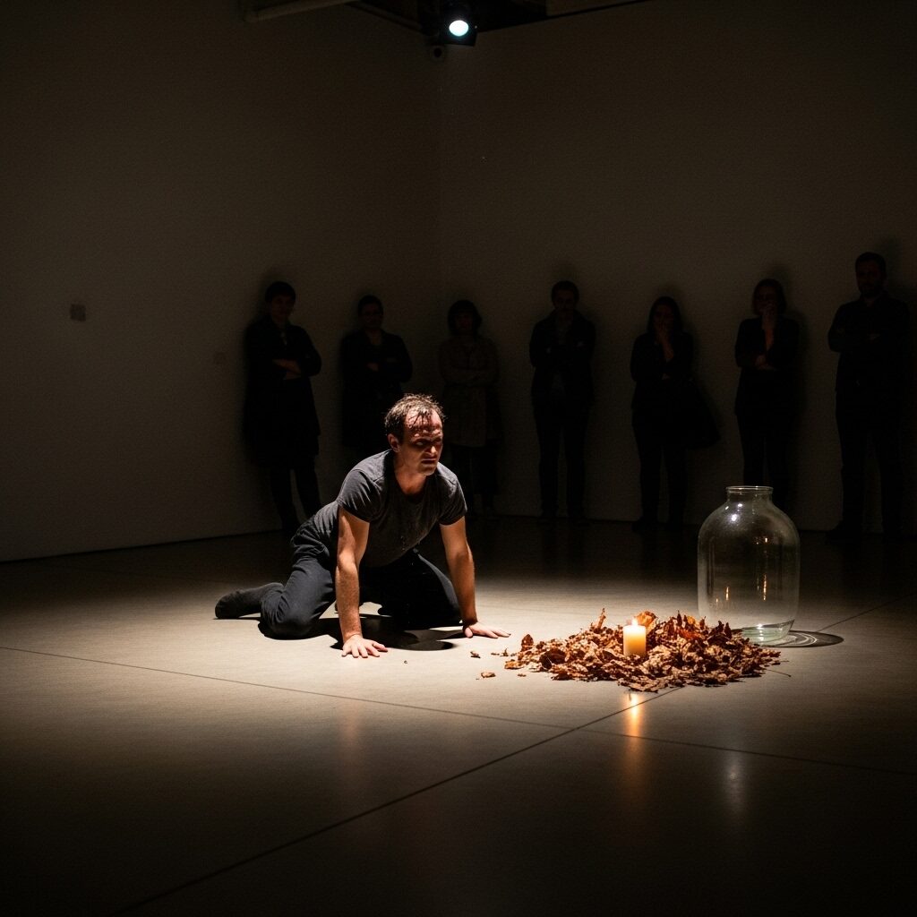 Performance artist engaging with audience in contemporary gallery setting demonstrating body art and viewer participation