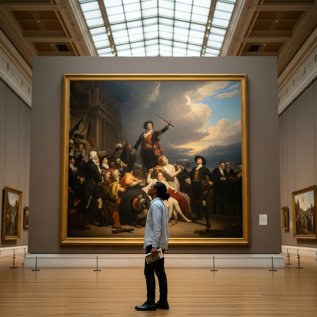 Person examining and studying artwork in museum gallery setting
