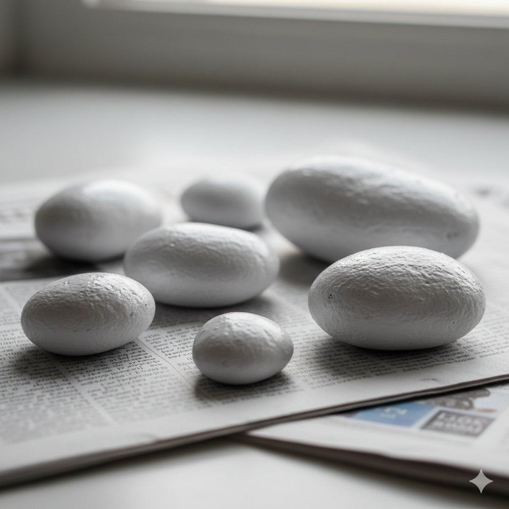 50+ Amazing Rock Painting Ideas: Easy Designs for All Ages & Skill Levels 4 Several smooth river rocks painted with white base coat drying on newspaper