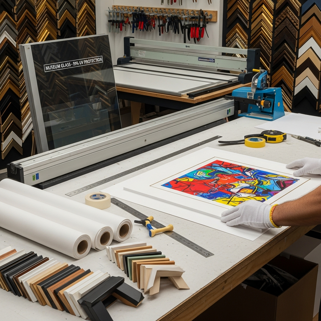 Professional art framer mounting abstract limited edition print with acid-free materials and UV-protective glazing