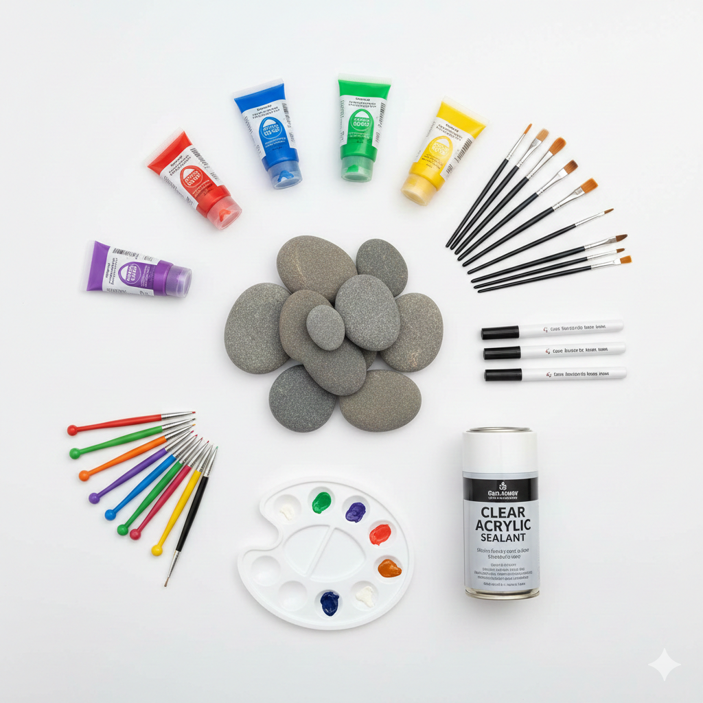 50+ Amazing Rock Painting Ideas: Easy Designs for All Ages & Skill Levels 3 Collection of rock painting supplies including smooth river rocks, acrylic paints, brushes, and sealant arranged on a white surface