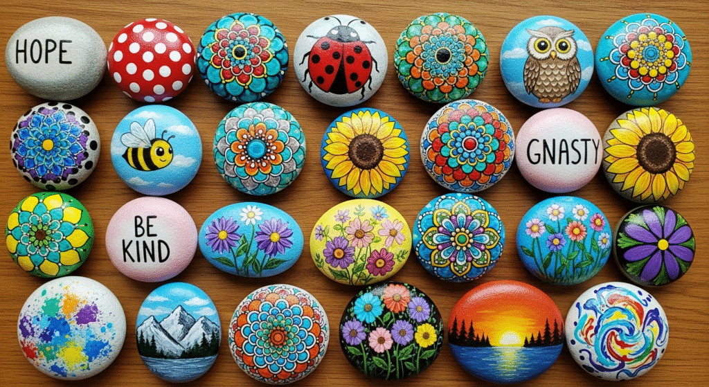 50+ Amazing Rock Painting Ideas: Easy Designs for All Ages & Skill Levels 5 Rock painting ideas: Array of painted rocks displaying different designs from simple dots to detailed animals arranged in a grid pattern
