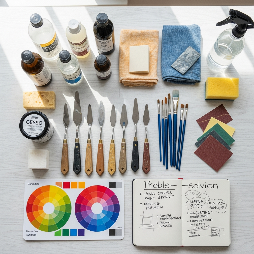 From Disaster to Masterpiece: How to Rescue a Painting You Think You've Ruined 4 Overhead flat lay of essential painting rescue tools: palette knives, clean brushes, gesso, sandpaper, melamine sponge, color wheel, and a sketchbook.