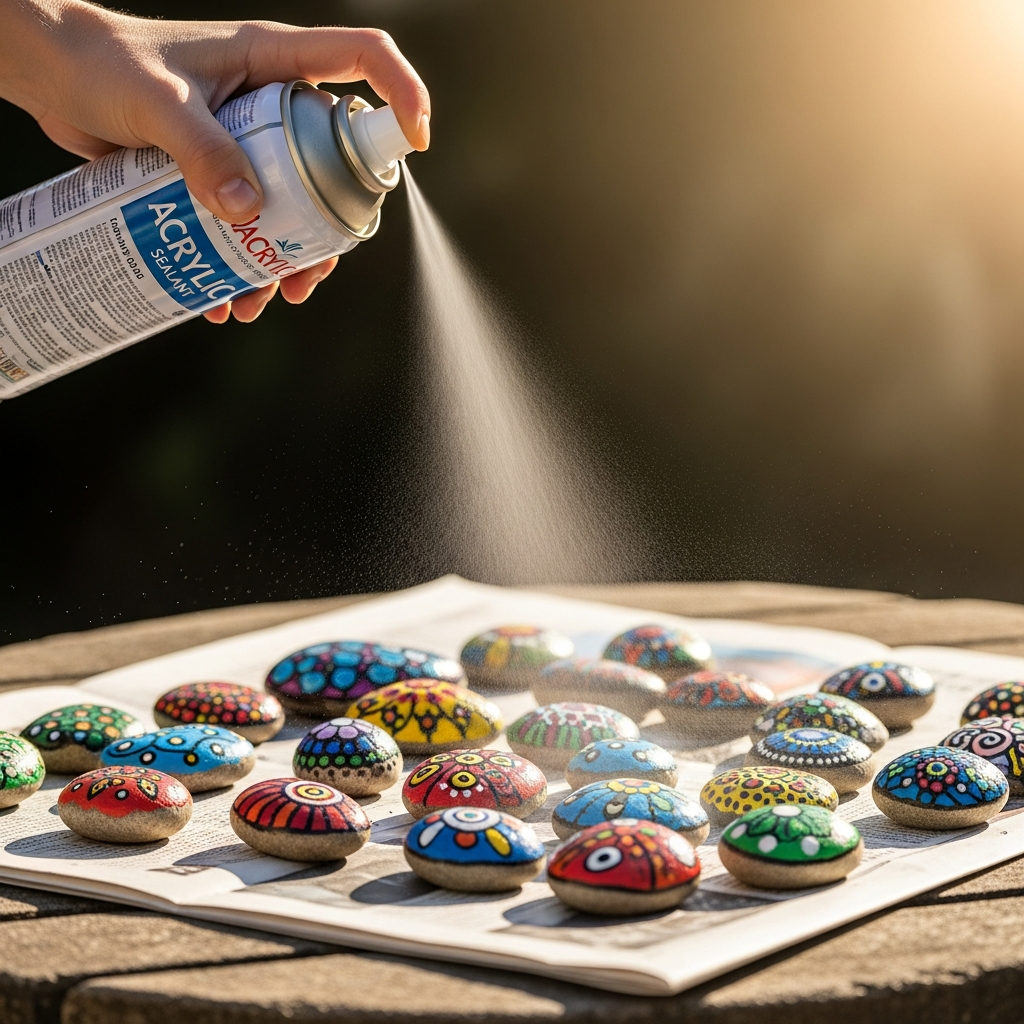 50+ Amazing Rock Painting Ideas: Easy Designs for All Ages & Skill Levels 8 Hand applying clear spray sealant to painted rocks arranged on newspaper outdoors