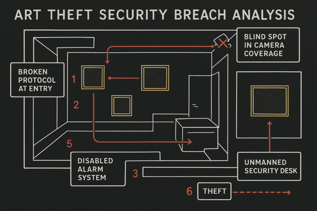 Protecting Valuable Paintings: Your Complete Security and Safety Guide 8 Security breach analysis diagram showing multiple failure points in art theft museum heist