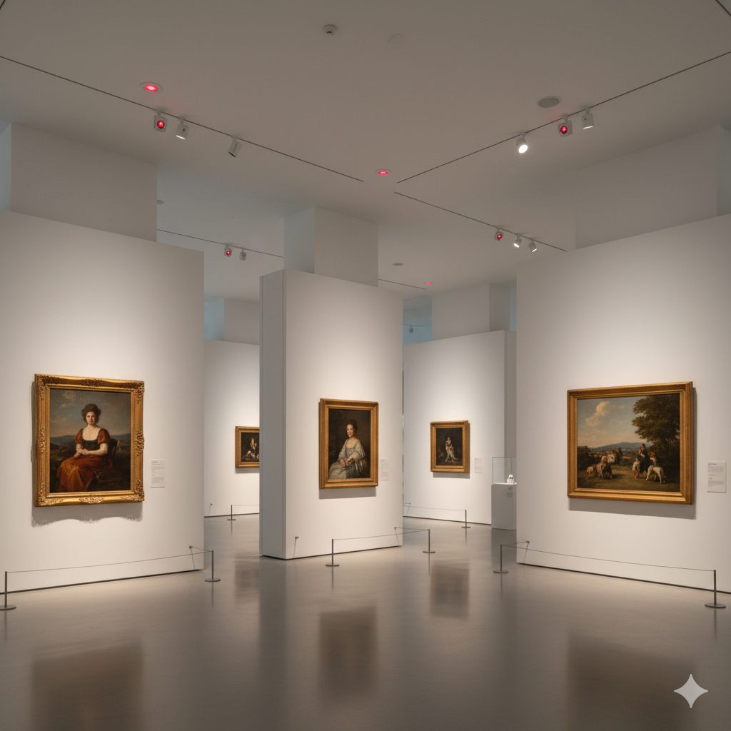 Protecting Valuable Paintings: Your Complete Security and Safety Guide 3 Protecting Valuable Paintings: Modern security cameras monitoring valuable paintings in museum gallery with spotlights
