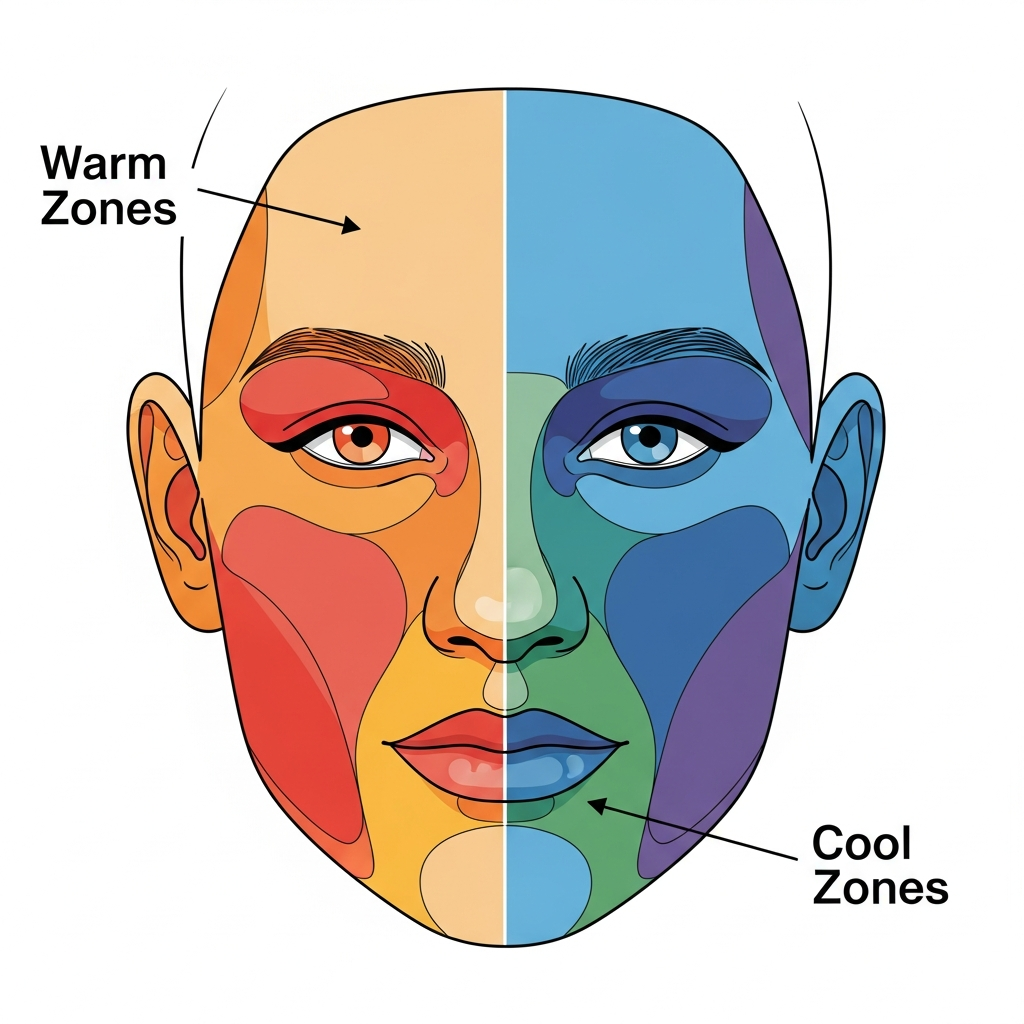 Face diagram showing warm color zones on cheeks and nose versus cool zones on forehead and shadows 