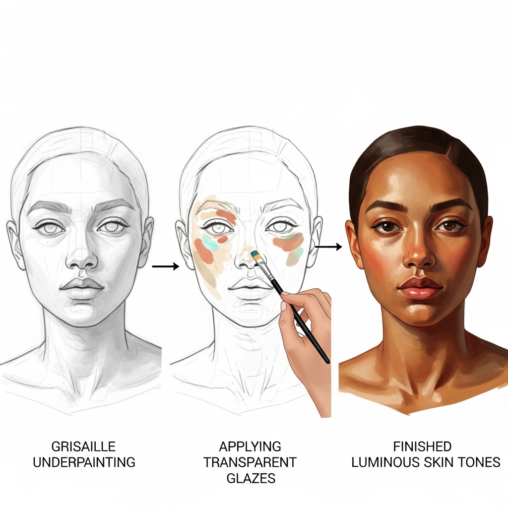 Three-stage diagram demonstrating Old Master layering technique from underpainting to finished glazes 