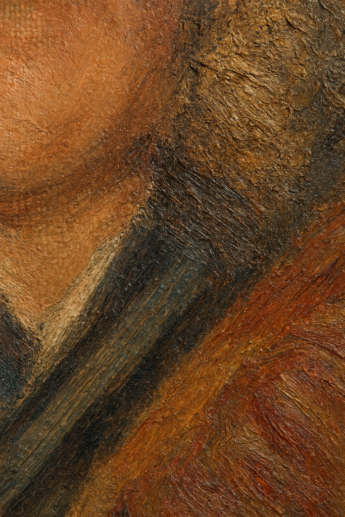 Macro photograph of Social Realism painting surface showing varied brushstroke techniques from smooth blending to expressive marks