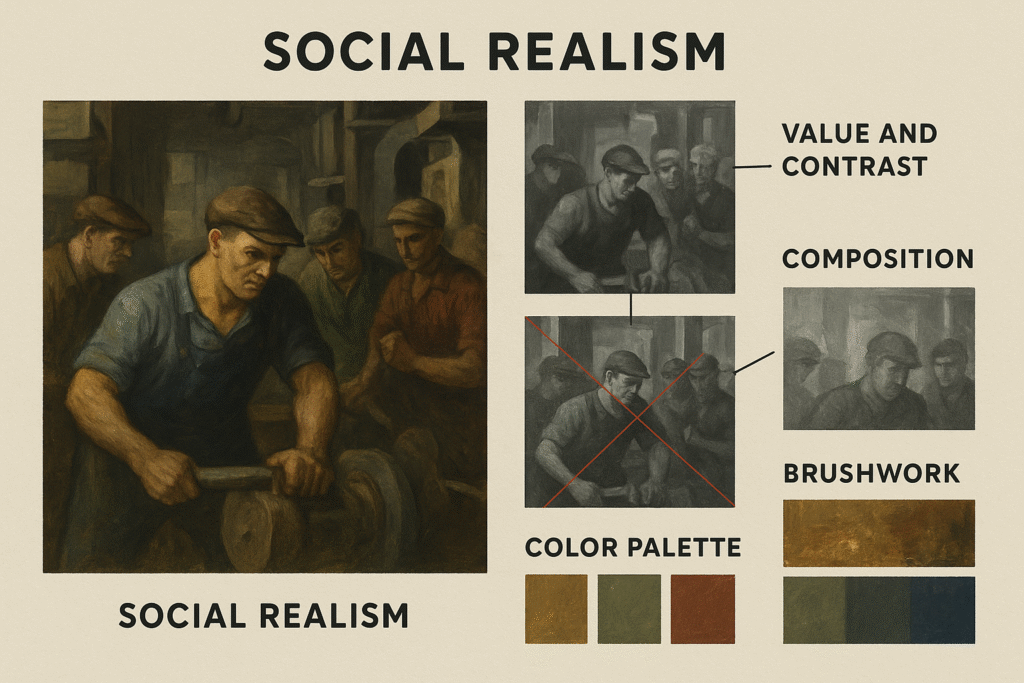 Side-by-side comparison showing Social Realism painting characteristics with annotations highlighting truthful depiction and working-class subjects 