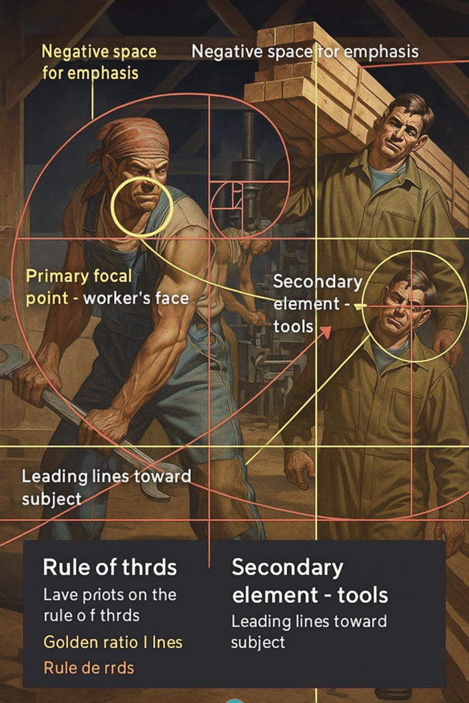 Annotated Social Realism painting showing compositional lines, focal points, and visual flow guiding viewer attention