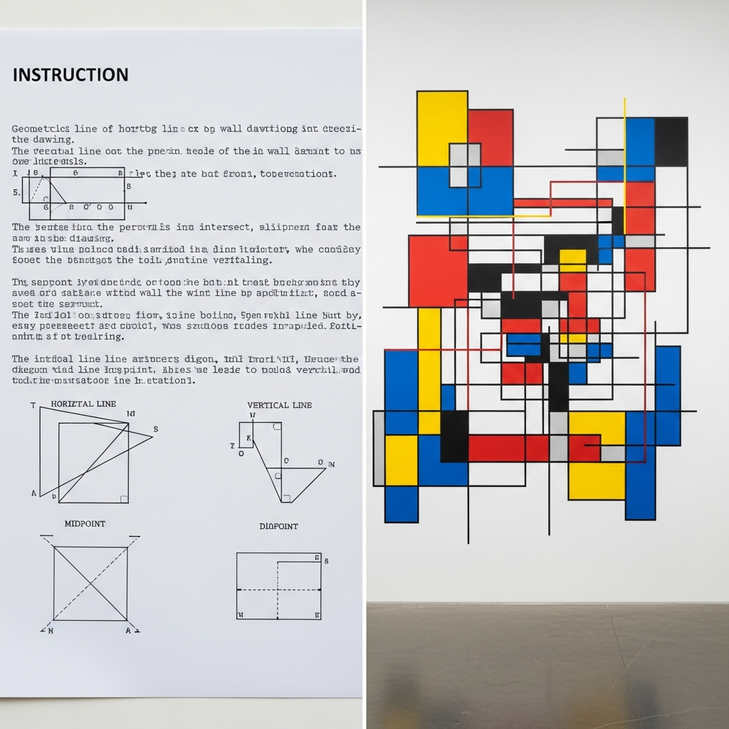 Sol LeWitt's written instructions for creating geometric wall drawings next to the completed colorful artwork on gallery wall