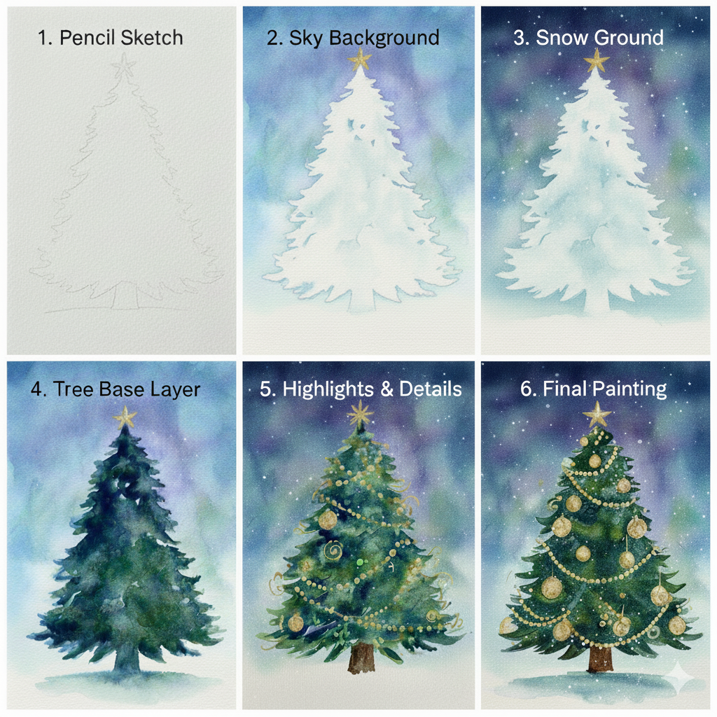 Festive Masterpieces: Your Ultimate Guide to Christmas Canvas Painting 7 Step-by-step Christmas canvas painting tutorial showing tree painting stages
