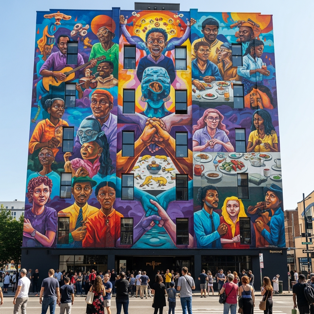 Large colorful street art mural on city building wall transforming urban environment with community themes