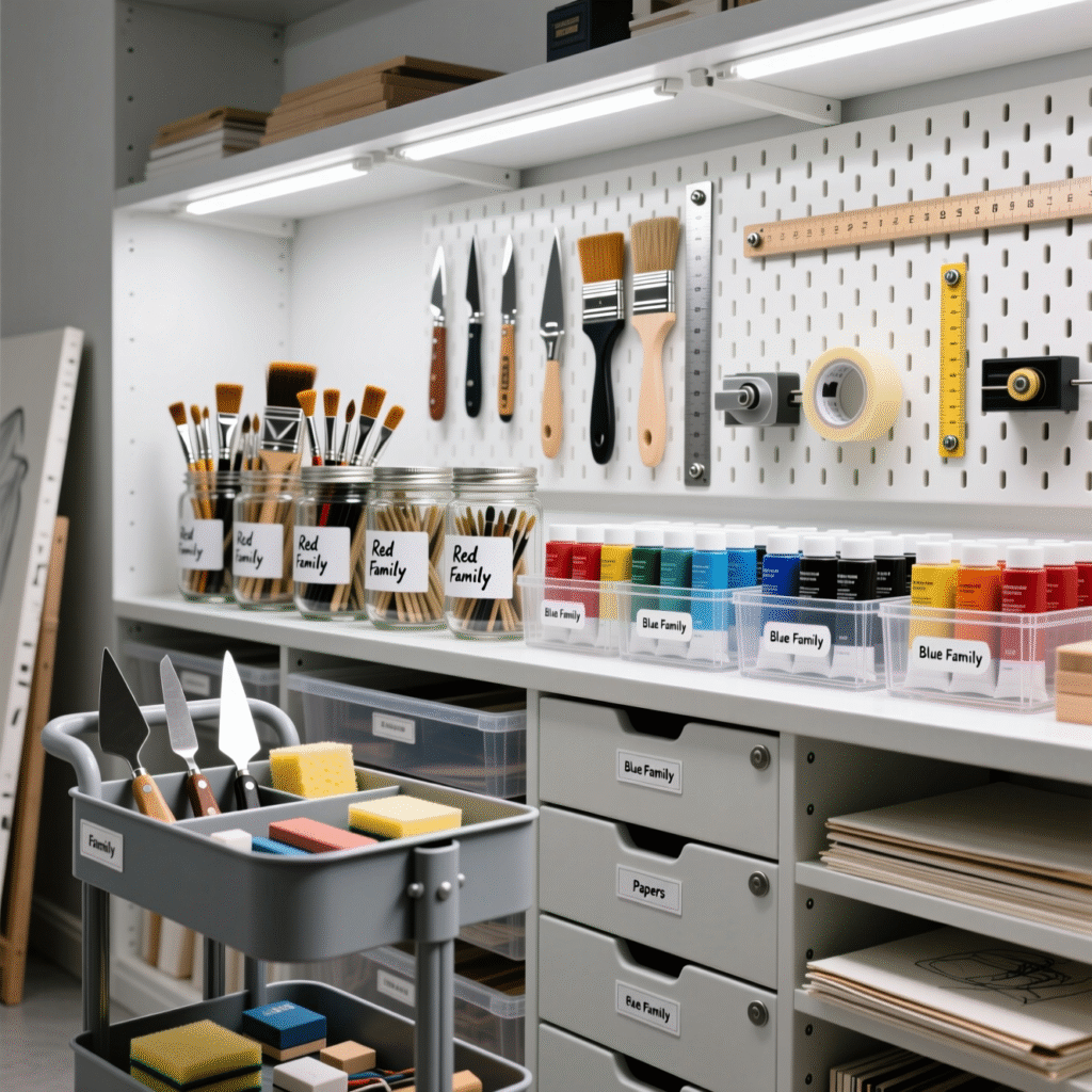 The Ultimate Guide to Productivity for Artists: How to Master Your Workflow and Beat Burnout 4 Well-lit art studio showing organized supply storage, labeled containers, and dedicated work zones