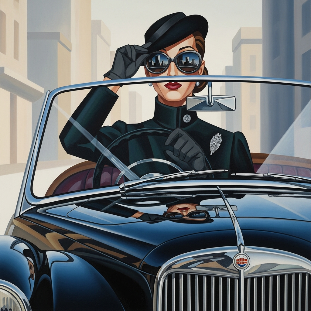 style of Tamara de Lempicka with soft cubism woman driving a car