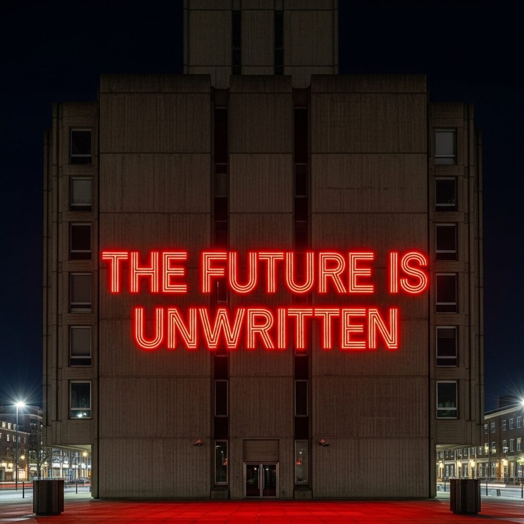 Text-based conceptual art projected on building facade showing illuminated words as artistic statement