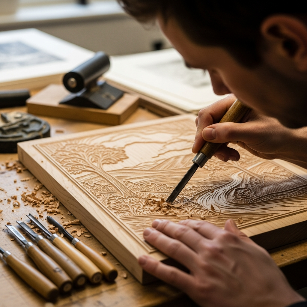 Artist carving a woodcut plate for printmaking