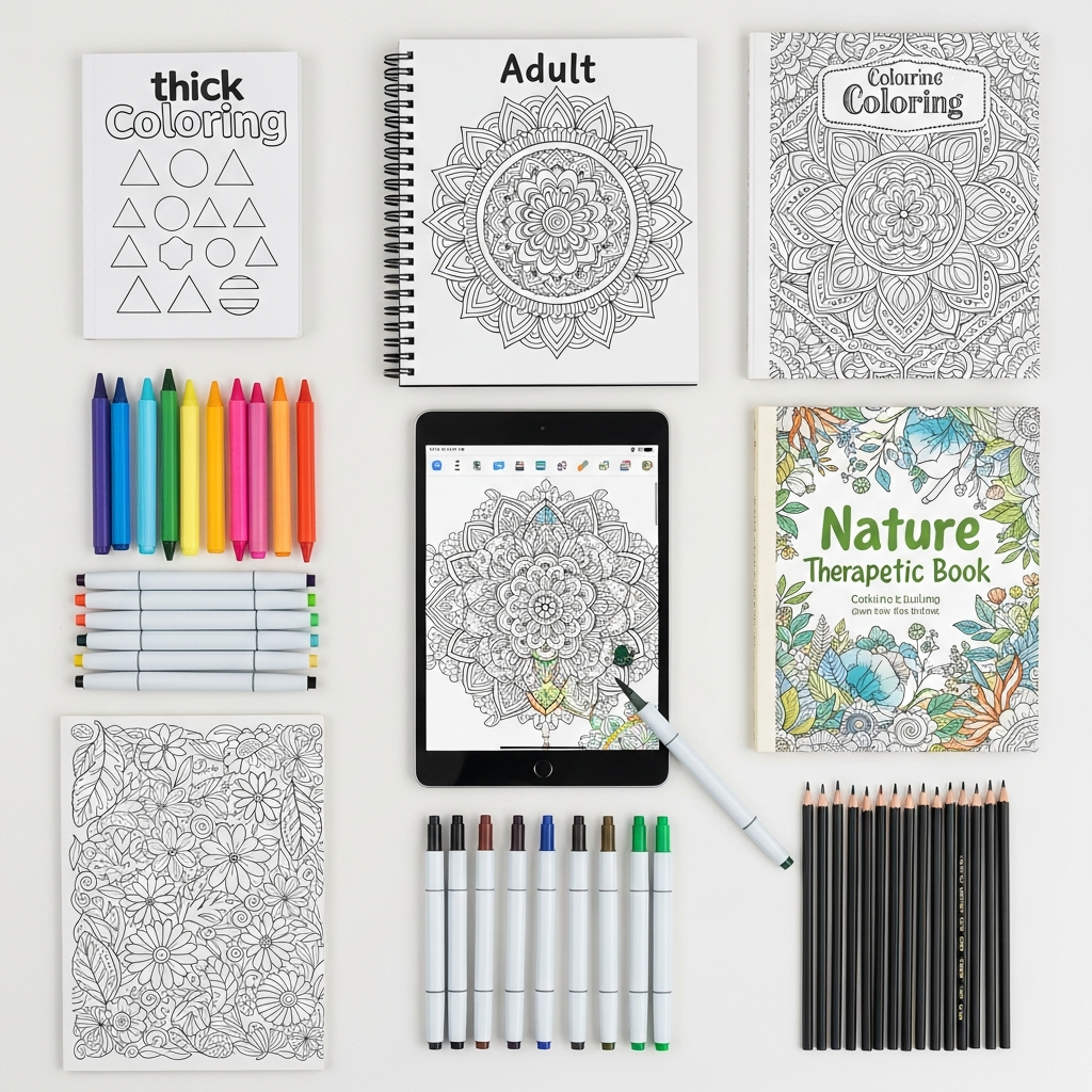 Guide to Colouring Books: Tips, Techniques & Creative Uses 4 A flat lay showing four different types of colouring books—simple child, intricate adult mandala, nature theme, and a tablet with digital colouring—along with various art tools.