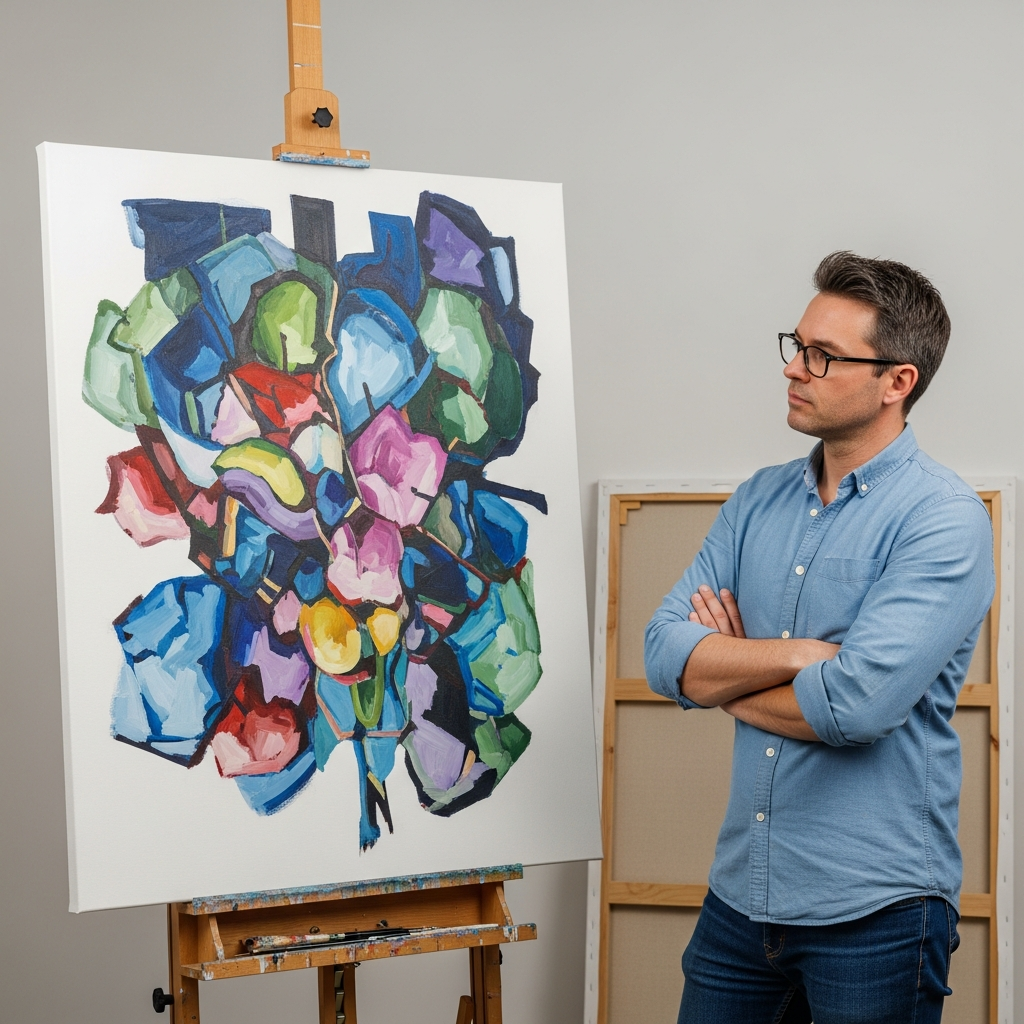 From Disaster to Masterpiece: How to Rescue a Painting You Think You've Ruined 5 Artist critically analyzing a canvas painting turned upside down on an easel to better see abstract shapes and compositional patterns