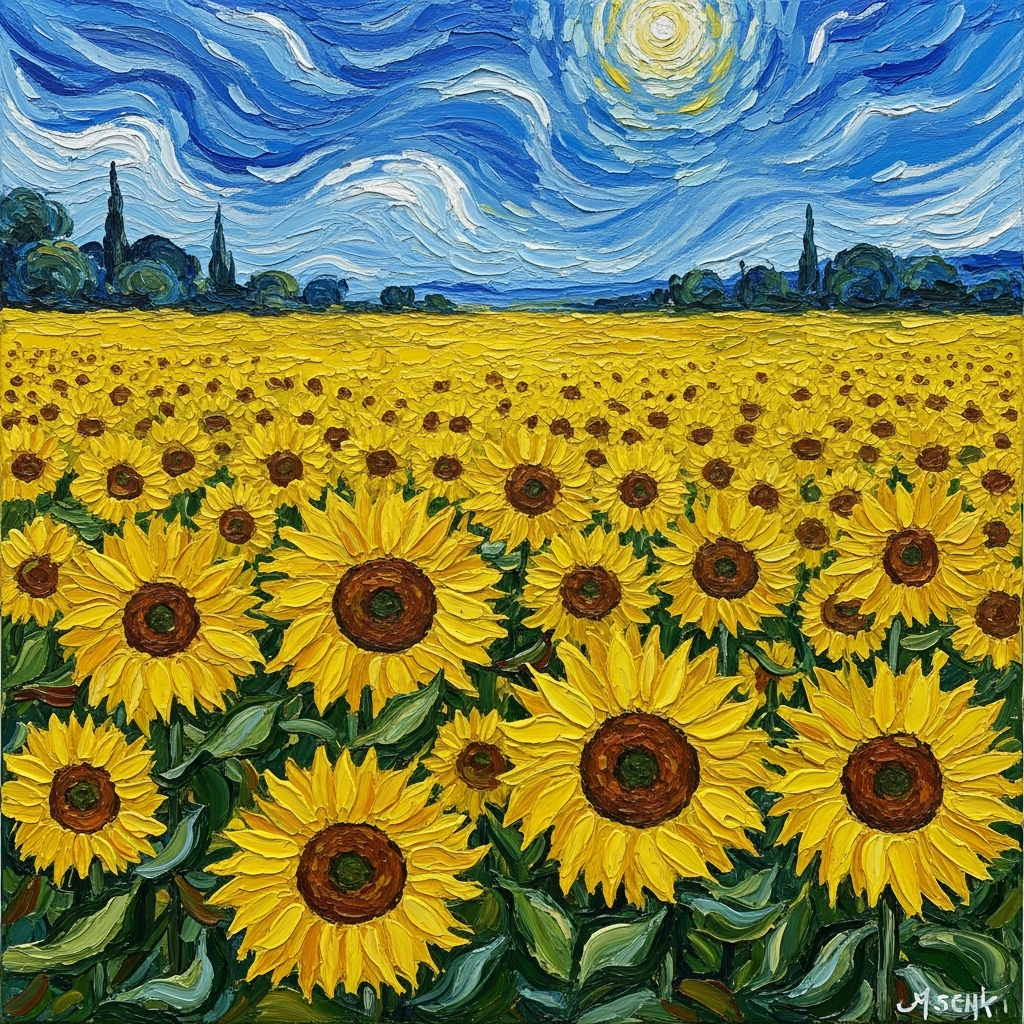 Van Gogh style painting with intense yellow sunflowers and vibrant color palette under Provence sunlight 