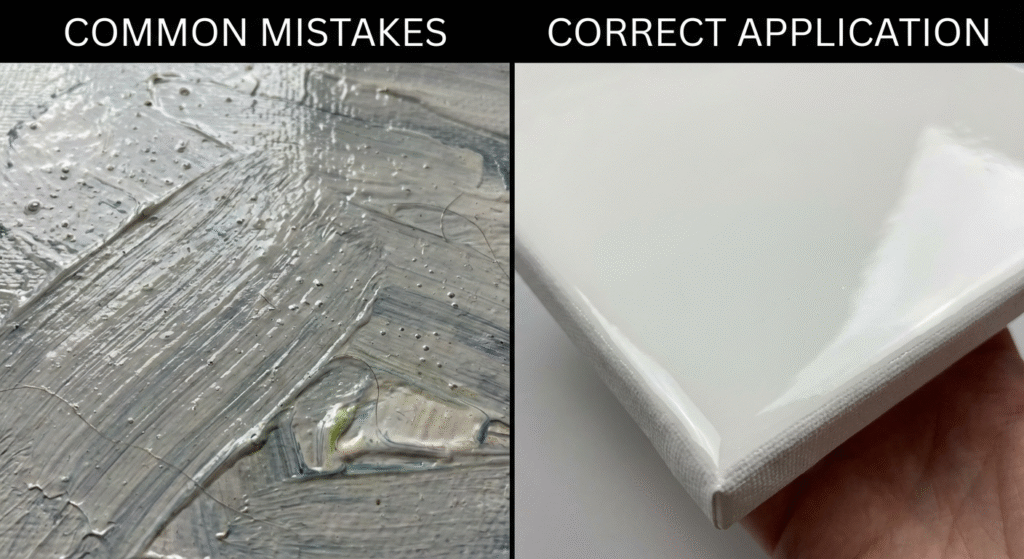 Visual comparison showing correct and incorrect varnishing techniques on acrylic paintings
