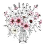 The Digital Bloom: Floral Clip Art Guide for Designers 9 vase of assorted flowers botanical illustration detailed line drawing white background scientifi