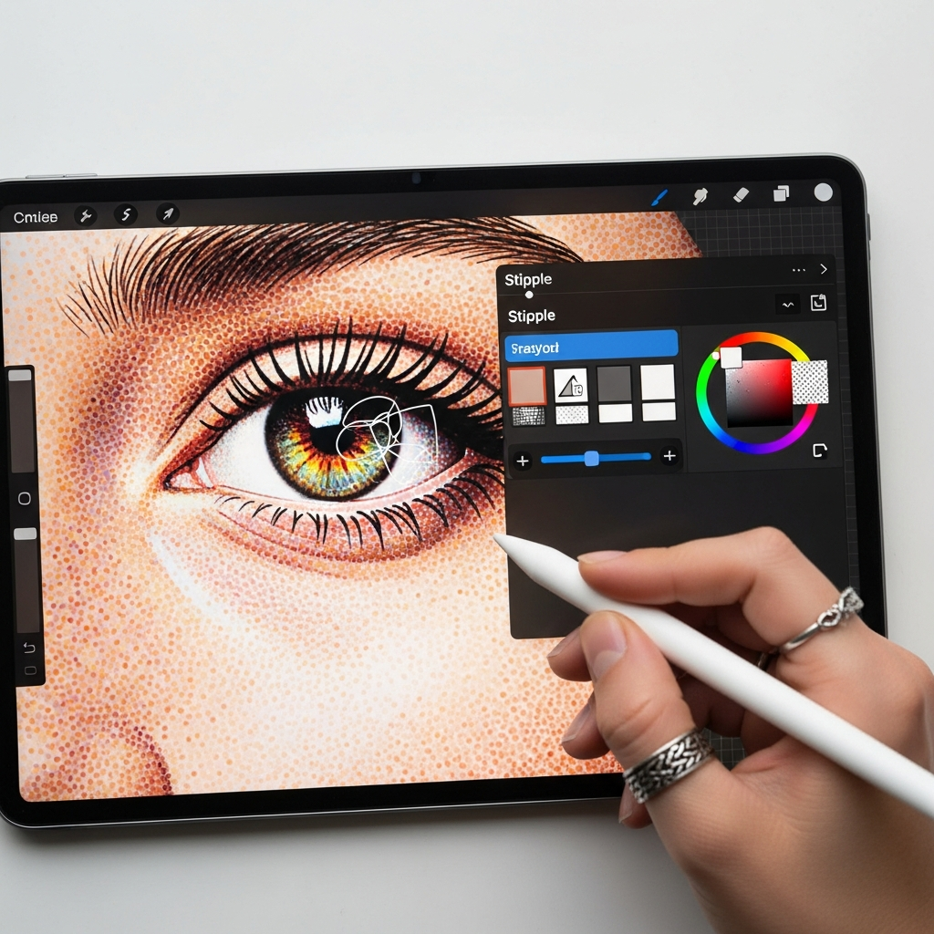 view of a pointillism eye portrait on tablet