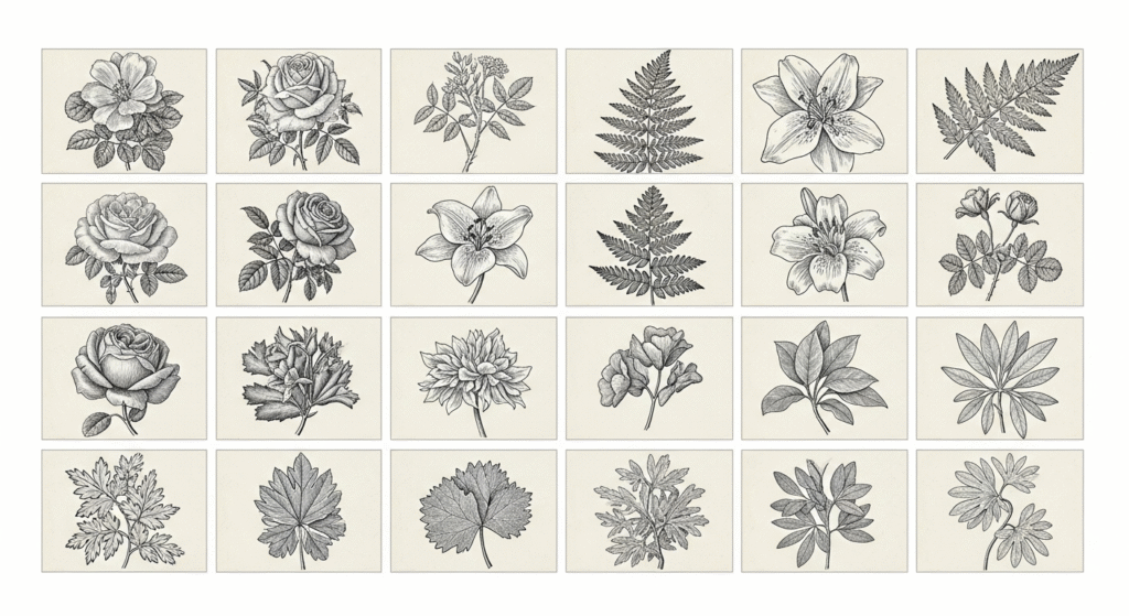 The Digital Bloom: Floral Clip Art Guide for Designers 5 Vintage botanical engravings in elegant black-and-white style.