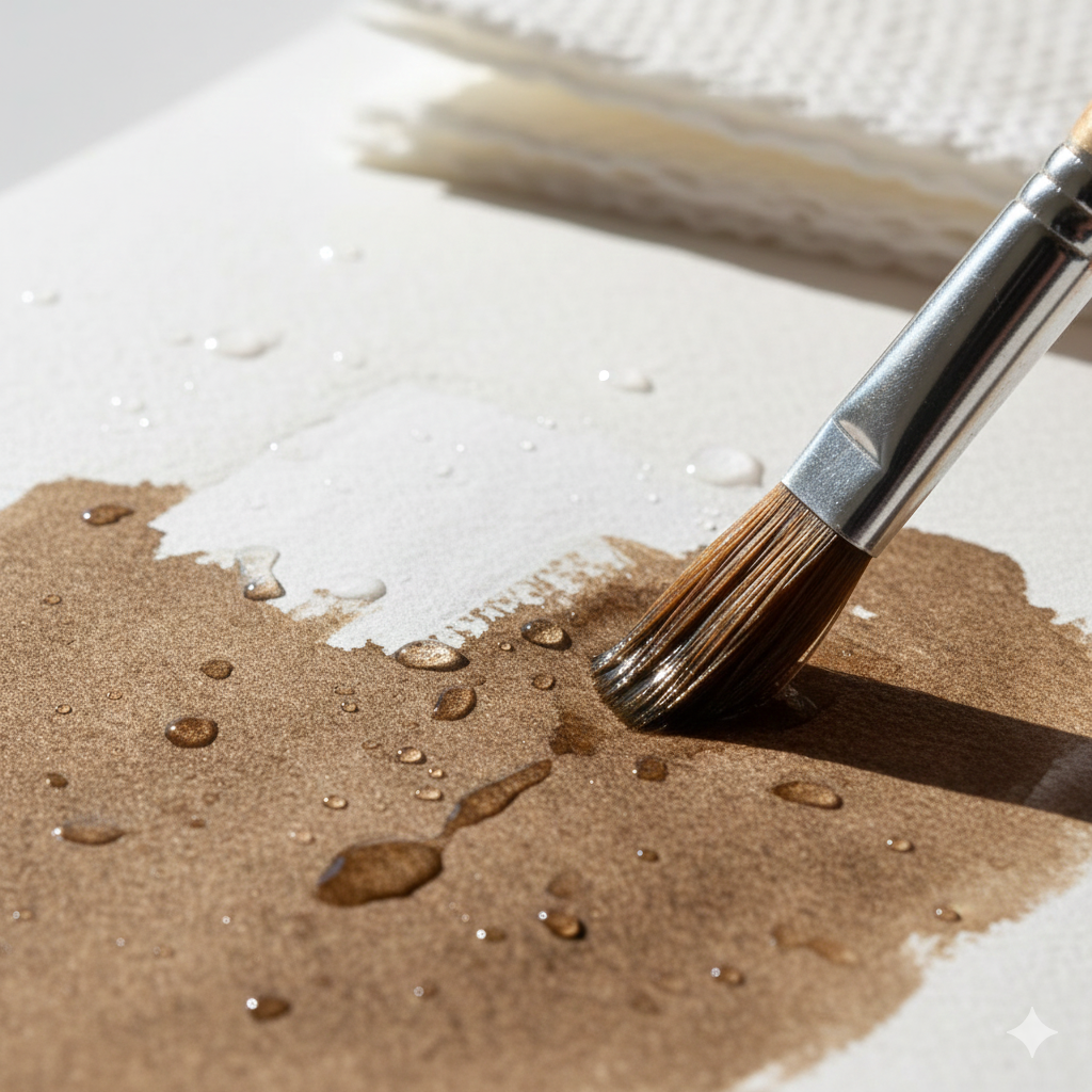 From Disaster to Masterpiece: How to Rescue a Painting You Think You've Ruined 8 Macro close-up of a damp, stiff brush lifting dark watercolor pigment from paper, showing dissolved color and the white paper emerging underneath.